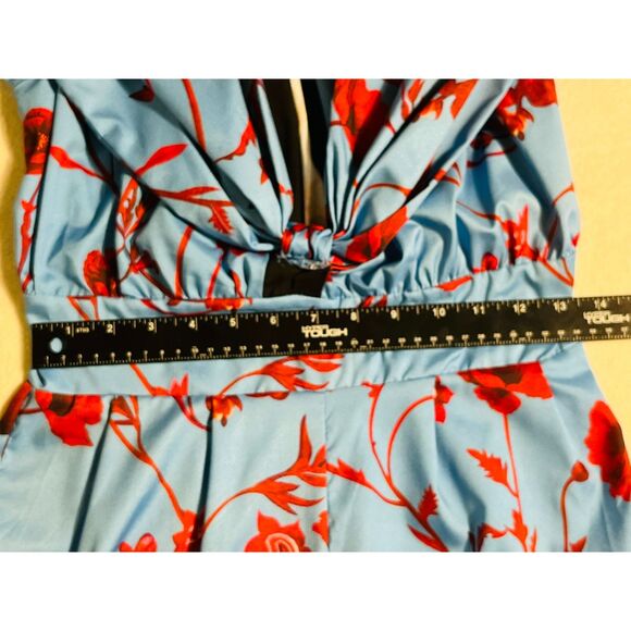 NWT OC Order Plus Blue Red Floral 1970s Jumpsuit Deep Vee M Wide Leg Polyester - Picture 10 of 10